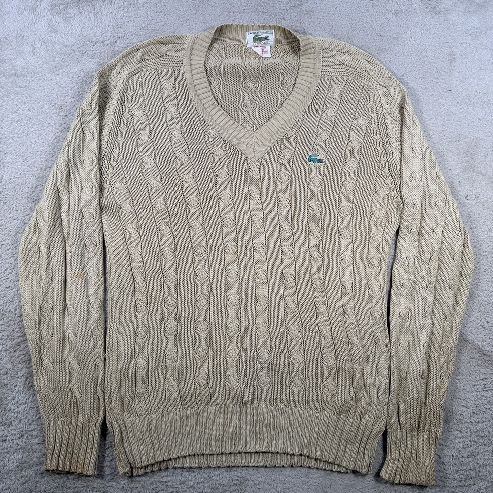 Vintage Izod Lacoste Sweater Mens Small Beige Cable Knit V-Neck Cotton Preppy
